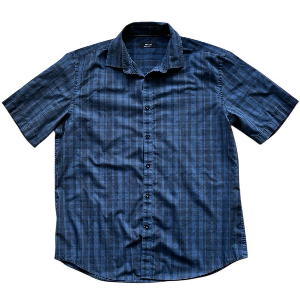 Alfani | Men’s Short Sleeve Button-up Shirt Blue/Black Plaid sz M